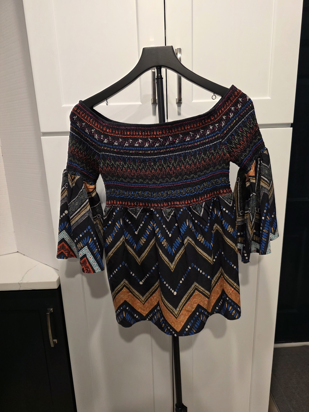 Flying Tomato Black Multicolor Off-Shoulder Smocked Tunic